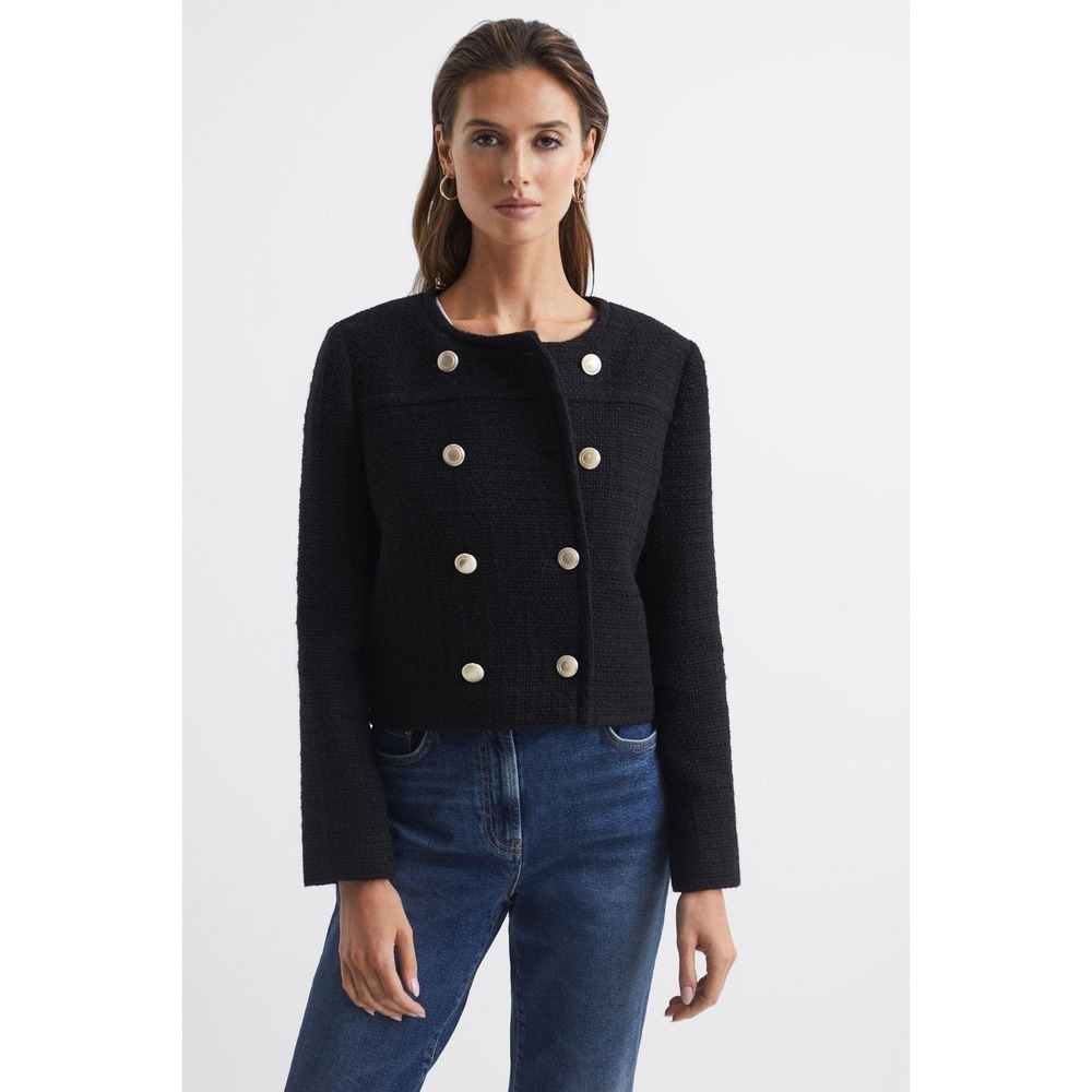 Reiss Esmie Black Cropped Double Breasted Woven Wool Blend Jacket Size 12